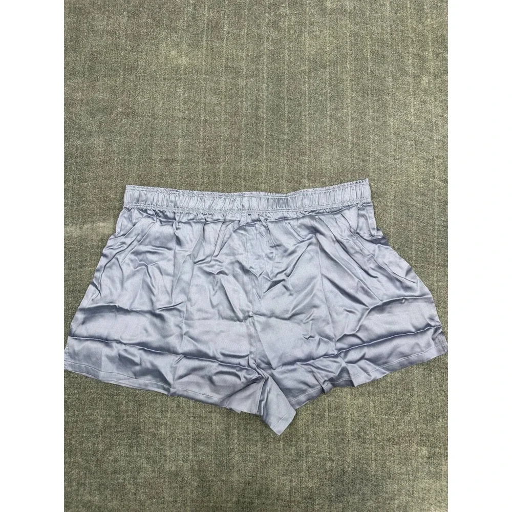 Victoria's Secret PINK Blue Tencel Satin Pajama Shorts Rhinestone Logo Small NEW